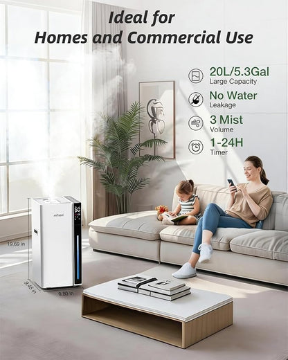 Mifasol Humidifier Large Room, 5.3Gal/20L Large Room Humidifiers for Home, Up to 1500 sq ft Whole House Humidifier, Cool Mist Humidifiers for Bedroom Plants Office Commercial Areas, White