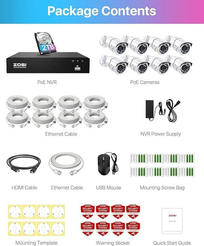 ZOSI 4K PoE Home Security Camera System with 2TB HDD, 8pcs 5MP Weatherproof Outdoor Indoor Metal Cameras, 120ft Night Vision, Person Vehicle Detection, 8 Channel 8MP NVR Recorder for 24/7 Recording