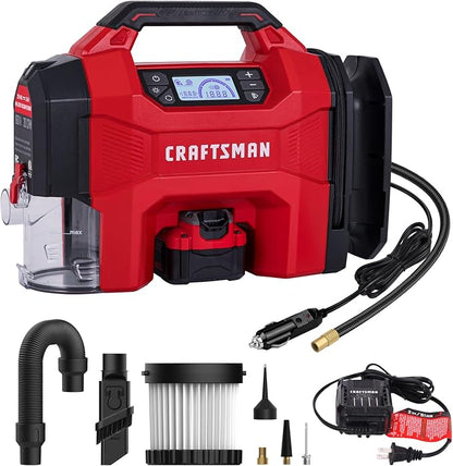 CRAFTSMAN 3-in-1 Tire Inflator Portable Air Compressor 160 PSI with Battery | Cordless pump/Car Vacuum/Dust Blower with 4.0Ah Battery & 12V Charger & LED Light for Car, Bike, Ball, Inflatable Mat & SUP