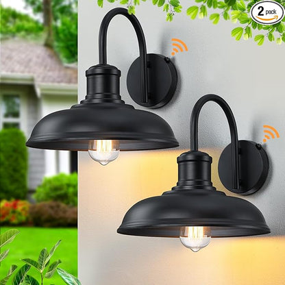 12'' Diameter Large Dusk to Dawn Outdoor Gooseneck Barn Light, 2-Pack Outdoor Wall Sconce Farmhouse Exterior Light Wall Lighting Fixture Industrial Black Wall Lantern for Porch, Garage, Black