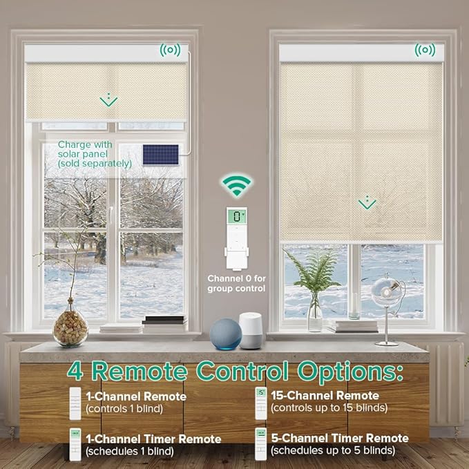 Motorized Roller Shades, Light Filtering Remote Control Custom Window Shades Compatible with Alexa Google Assistant via RF Hub, Rechargeable Electric Blinds for Windows (Fireproof Beige)