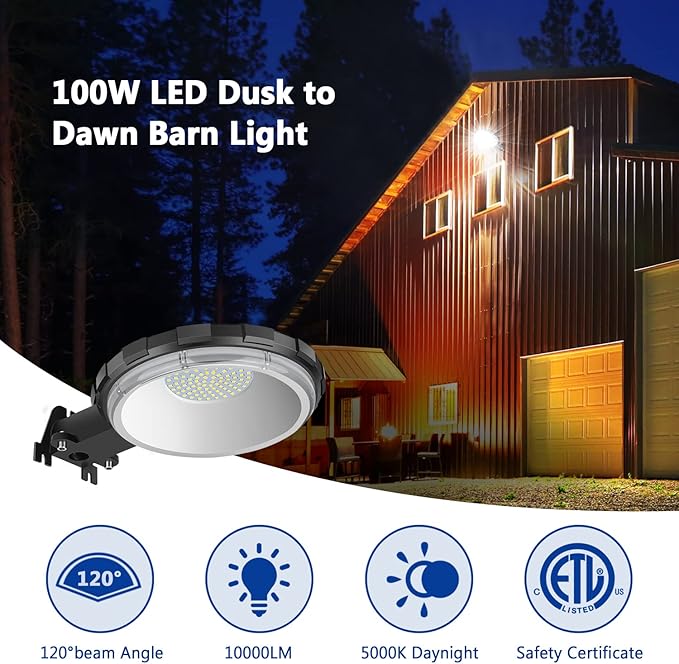 Karjoefar LED Barn Light, Dusk to Dawn Outdoor Lighting with 100W 10000LM 5000K Daylight, IP65 Waterproof Outdoor Security Flood Lights for Garage Yard Street Warehouse Use
