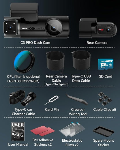 IIWEY 4K Dash Cam 3 Channel, Triple STARVIS 2 Sensors (IMX678 Front, IMX675 Cabin & Rear), 4K+2K+1080P HDR, Night Vision 3.0, PlateTag AI for Plate Clarity, 5GHz WiFi, GPS, Parking Mode, 128GB Card In