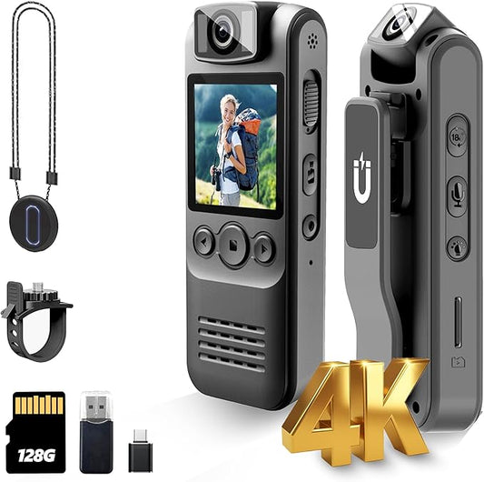 4K 128GB Body Camera, Audio and Video Recording, with Magnetic Back Clip&Bike Mount, 180°Rotating Lens, Wearable Portable Bodycam for Outdoor/Sports/Security/Police
