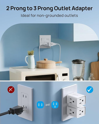 TROND 2 Prong to 3 Prong Outlet Adapter, Multi Plug Wall Outlet Extender, 3 Way Plug Splitter, Horizontal Wall Expander for Non-grounded Socket for Old Home Office Hotel Cruise Travel, 2 Pack, White