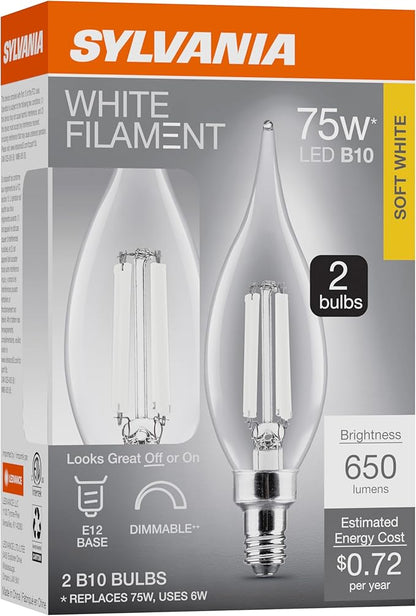 Sylvania B10 Clear LED White Filament Bulb, 6W, Dimmable, 650 LMS, Candelabra Base, 2700K, Soft White - 2 Pack (42260)