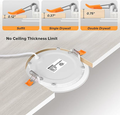 MAILCOS 12 Pack 4 Inch 5CCT Ultra-Thin LED Recessed Ceiling Light with Junction Box, 2700K-5000K Selectable, 810LM High Brightness, Dimmable Canless Wafer Downlight, 9W 120V, ETL