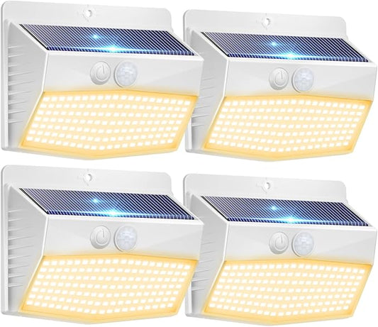 Peasur Solar Outdoor Lights, [4 Packs] Motion Sensor Security Lights with 3 Lighting Modes Wall Lights Waterproof Solar Powered Lights for Garden Yard, White Warm