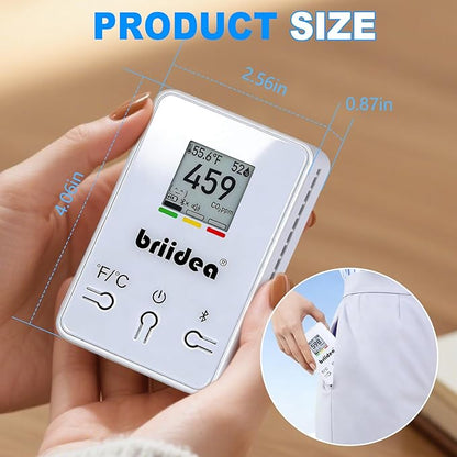 Bluetooth Portable CO2 Detector, Briidea Wireless Indoor Air Quality Monitor with NDIR Sensor for Home Office School, CO2 Temp Humidity Monitoring, App Data History, E-Ink Screen, 4-Year Battery Life