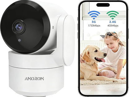 AMOROM 2K Pan-Tilt Indoor Security Camera, 360° Pet/Dog Monitoring, Motion Tracking, Night Vision, 2-Way Audio, Motion Alerts, Compatible with Alexa & Google Assistant (2.4GHz & 5GHz)