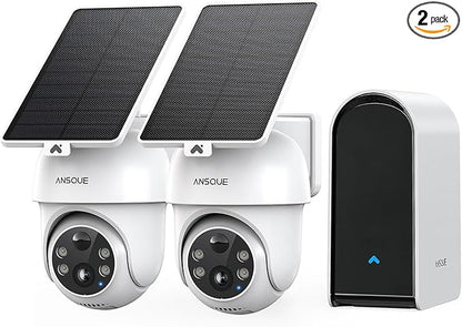 ANSQUE Security Cameras Wireless Outdoor Home System, 2 Camera Kit, No Subscription Fees, Solar Powered, Local Storage, 365-Day Battery Life, 360°PTZ Surveillance, Auto Tracking, 2K Color Night Vision