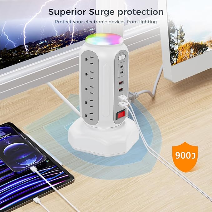 Fast Charging Station Power Tower - 15 AC Outlets & Dual USB-C 30W (Single Port 30W/2 Ports 15W Each), 4 USB-A, Retractable Cord Surge Protector with Top Night Light for Home Office Dorm Room