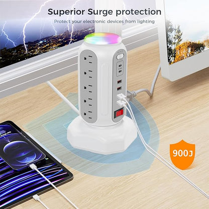 Fast Charging Station Power Tower - 15 AC Outlets & Dual USB-C 30W (Single Port 30W/2 Ports 15W Each), 4 USB-A, Retractable Cord Surge Protector with Top Night Light for Home Office Dorm Room