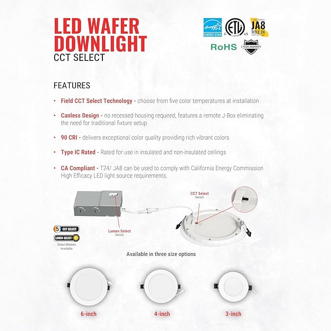 Elevate 4" Slim Canless LED Downlight, 9W — Ultra-Thin Recessed Fixture, 5CCT, IC Rated, Dimmable, Wet-Rated — Ideal for Kitchens & High Ceilings