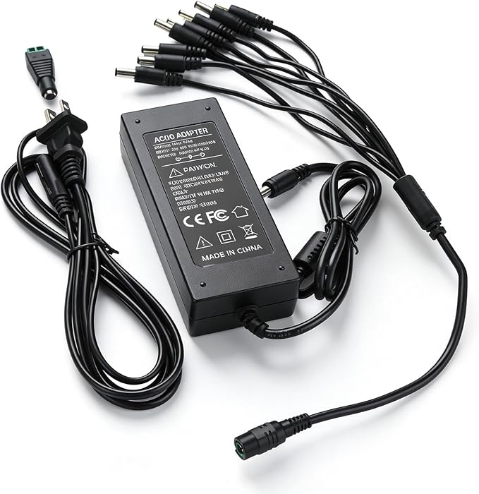 12V 5A Power Supply AC DC Adapter + 8 Way Splitter Power Cable for CCTV Security Camera DVR NVR HVR(Analog,AHD,IP), 5050 3528 RGB LED Strip Lights, Plug 5.5mm x 2.5mm (5.5mm x 2.1mm) + DC Output Jack