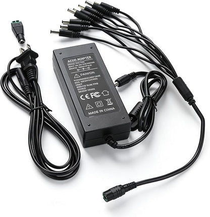 12V 5A Power Supply AC DC Adapter + 8 Way Splitter Power Cable for CCTV Security Camera DVR NVR HVR(Analog,AHD,IP), 5050 3528 RGB LED Strip Lights, Plug 5.5mm x 2.5mm (5.5mm x 2.1mm) + DC Output Jack