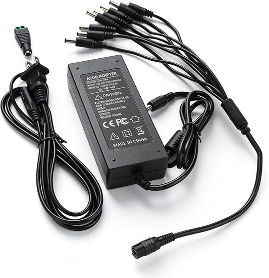 12V 5A Power Supply AC DC Adapter + 8 Way Splitter Power Cable for CCTV Security Camera DVR NVR HVR(Analog,AHD,IP), 5050 3528 RGB LED Strip Lights, Plug 5.5mm x 2.5mm (5.5mm x 2.1mm) + DC Output Jack