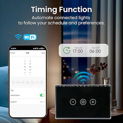 Smart Dimmer Switch,4.65 X 2.83 X 1.3 Inches,Aluminum Frame,Need Neutral Wire,2.4GHz,Tuya/Smart Life App/Alexa,2.5D Curved-Edge Tempered Glass Panel,Black