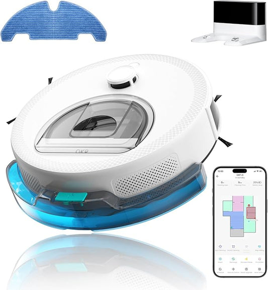 OKP Lidar Robot Vacuum and Mop Combo, 6000Pa Automatic Robotic Vacuum, Smart Mapping, 3.7 inch Thin, 150 Min Max, 5G WiFi/App/Alexa Control, Ideal for Pet Hair, Hardfloors, Carpets, Home(L6 Aqua)