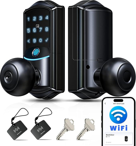 Veise VE028 Built-in Wi-Fi Smart Lock with Knob, Fingerprint Keyless Entry with Handle, App Remote & Voice Control, Electronic Digital Keypad for Front Door and Bedroom, IP65 Waterproof, Matte Black