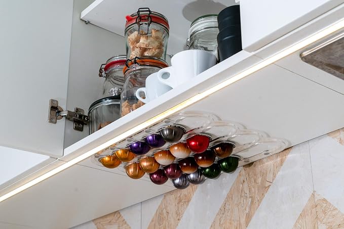 Demi's Home Adhesive Coffee Pod Holder for Nespresso Vertuo Capsules (Measure Before Purchase) - Suitable to be Mounted Inside/Under the Cabinet or on the Wall (Transparent)