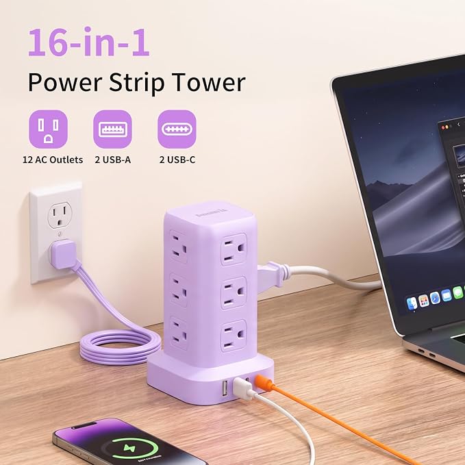 Extension Cord with Multiple Outlets, SMALLRT Power Strip Tower, Outlet Extender with 12 AC Outlets 4 USB, 6.5FT Extension Cord for Home Dorm Room, Office Supplies, Purple
