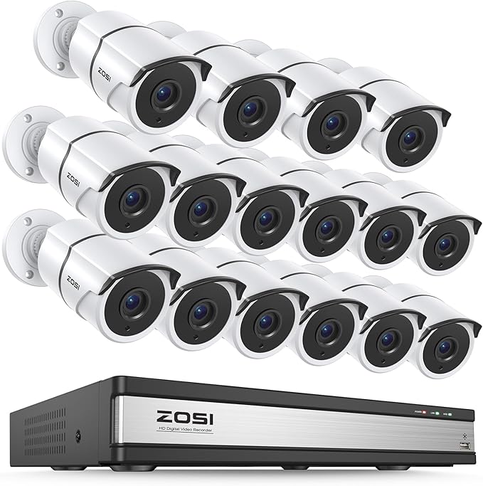 ZOSI 16 Channel Wired Security Camera System,16 x 1080P Metal Outdoor Surveillance Cameras with Audio,AI Human/Vehicle Detection,Weatherproof,Night Vision,16CH DVR for Home Business(No Hard Drive)