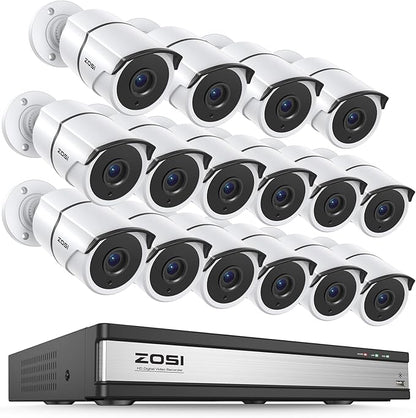 ZOSI 16 Channel Wired Security Camera System,16 x 1080P Metal Outdoor Surveillance Cameras with Audio,AI Human/Vehicle Detection,Weatherproof,Night Vision,16CH DVR for Home Business(No Hard Drive)