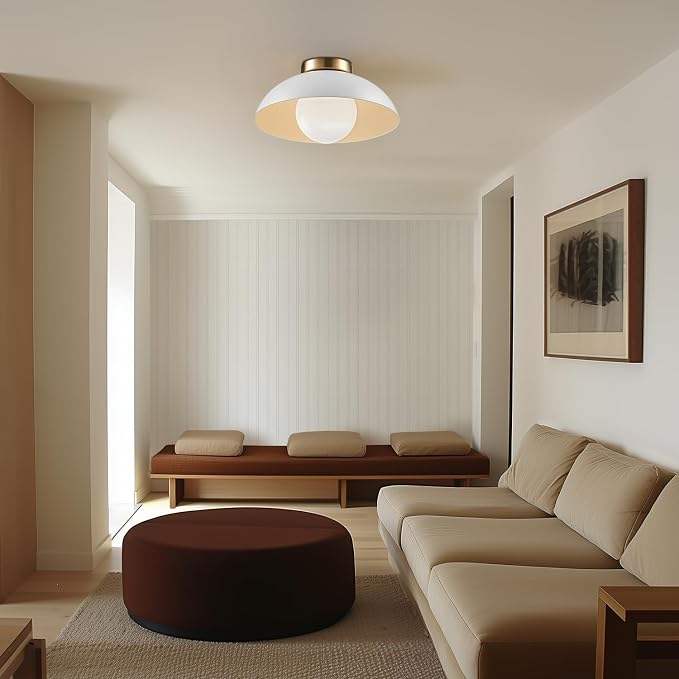 1-Light Matte White Flush Mount Ceiling Light with White Opal Glass Shade | Opal Glass Shade, Low Profile, Modern, Hallway, Bedroom, E26 Base, Model 66000159