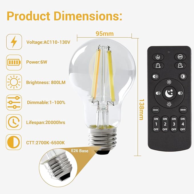 Smart Light Bulbs,Remote Control LED Light Bulb,Vintage Edison Bulbs Remote Control,800LM 6W (60W Equivalent),Dimmable 2700k-6500k,A60A19,E26 Base