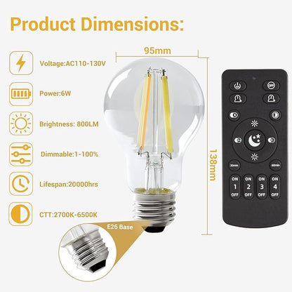 Smart Light Bulbs,Remote Control LED Light Bulb,Vintage Edison Bulbs Remote Control,800LM 6W (60W Equivalent),Dimmable 2700k-6500k,A60A19,E26 Base