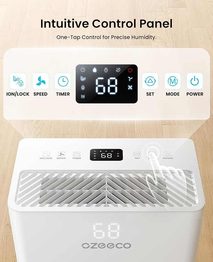 Dehumidifier for Basement up to 2500 Sq.Ft, ozeeco Home Dehumidifier Max 34 Pint/Day, with 0.45 Gal Water Tank, Drain Hose, Ultra Quiet, Child Lock, 24H Timer for Bedroom, Bathroom, RV