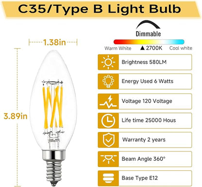 B11 Type B LED Filament Bulb, E12 Base, 6W/60W Equivalent 2700K Warm White – Clear Glass, Dimmable, Ideal for Chandeliers, Wall Sconces & Decorative Lighting, 6-Pack (2700K)