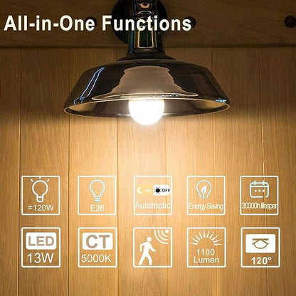 MikeWin Motion Sensor Light Bulbs Outdoor 2 Packs 13W(100W Equivalent) Security LED Bulb, Indoor E26, A19, 5000K Daylight Dusk to Dawn Bulb for Garage Front Door Porch Stairs Hallway