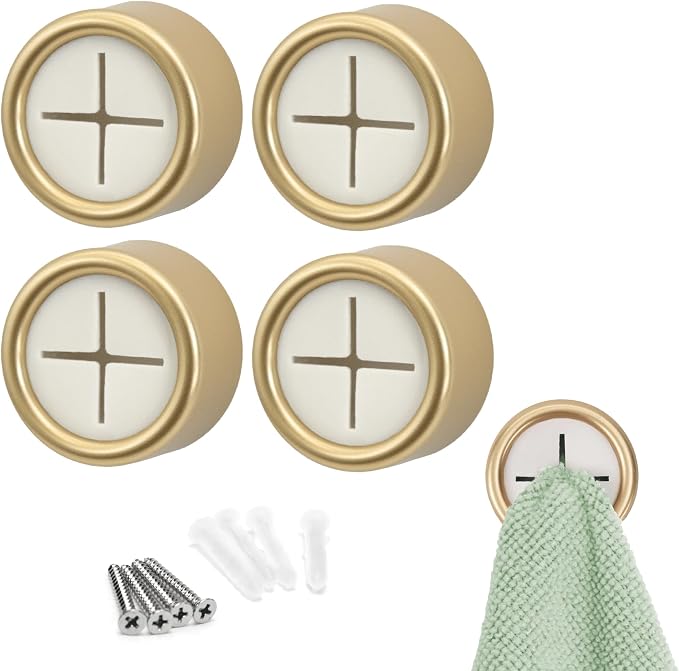 S&T INC. Adhesive Push Towel Hooks, 4 Pack, Brushed Gold | 2 Installation Options, Round Hooks for Kitchen, Bathroom, Garage and Home Use, Organization Hooks, Strong Grip