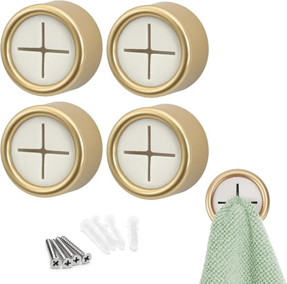 S&T INC. Adhesive Push Towel Hooks, 4 Pack, Brushed Gold | 2 Installation Options, Round Hooks for Kitchen, Bathroom, Garage and Home Use, Organization Hooks, Strong Grip