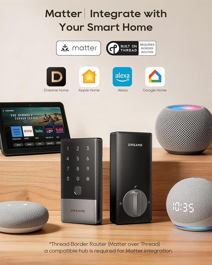 DREAME Wi-Fi Smart Door Lock for Front Door A10, Matter Over Thread, Works with Apple Home, Alexa, Google, AI Fingerprint Keyless Deadbolt Set, Geofencing Auto Unlock, BHMA Grade 2, IP65 Waterproof