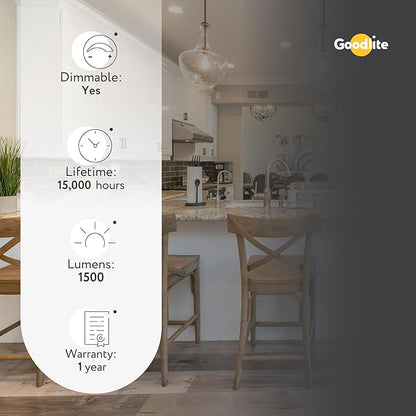 Goodlite A19 LED Bulb, 5 Color Selectable 3000K-3500K-4100K-5000K-6500K, 1500 Lumens, 15W (100W Equivalent), High CRI, 5% Dimmable, UL Listed, Enclosed Fixtures & Damp Rated, 15,000 Hr. 25pk (G-10883)