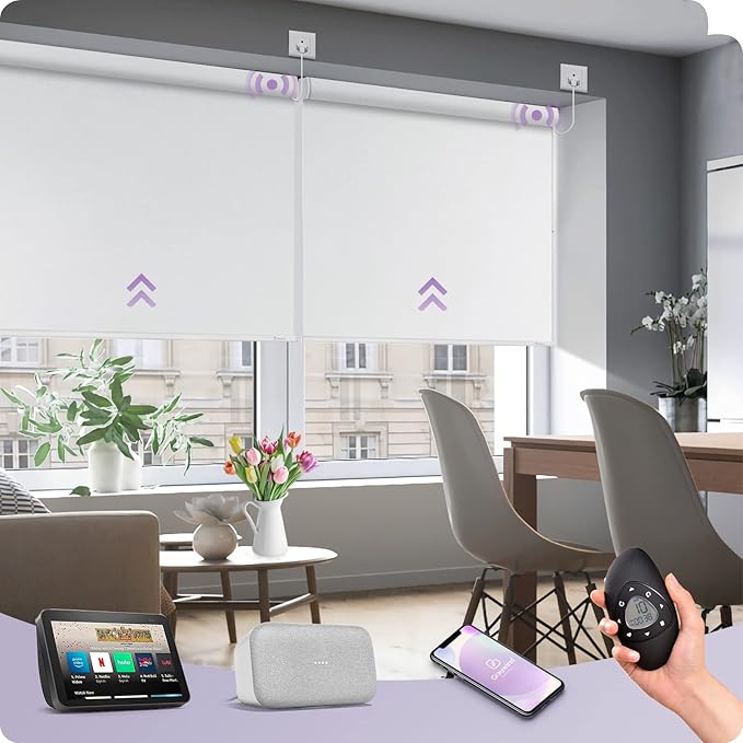 Graywind Motorized Shades 100% Blackout Compatible with Alexa Google WiFi Smart Hardwired Window Shade Remote Control Thermal Insulated Electric Blinds, Customized Size (WhiteSmoke)