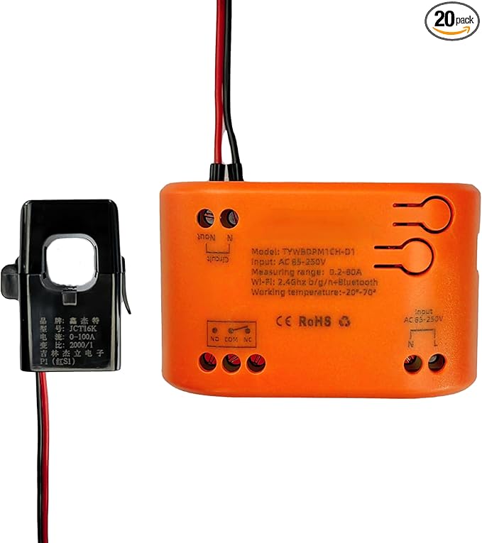 Tuya app WIFI Smart Energy Monitor, Single Phase Clamp Electricity Meter with 1 * 80ACT Current Transformer, Remote Monitor Meter Real-Time Electricity