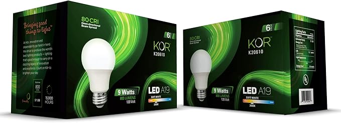 KOR 6 Pack A19 LED Light Bulb, 60W Equivalent, 3000K Soft White, 800 Lumens, Efficient 9 Watt Replacement Bulbs with E26 Standard Base, 15000 Long Life Hours, Non-Dimmable, 80+ CRI, UL Listed