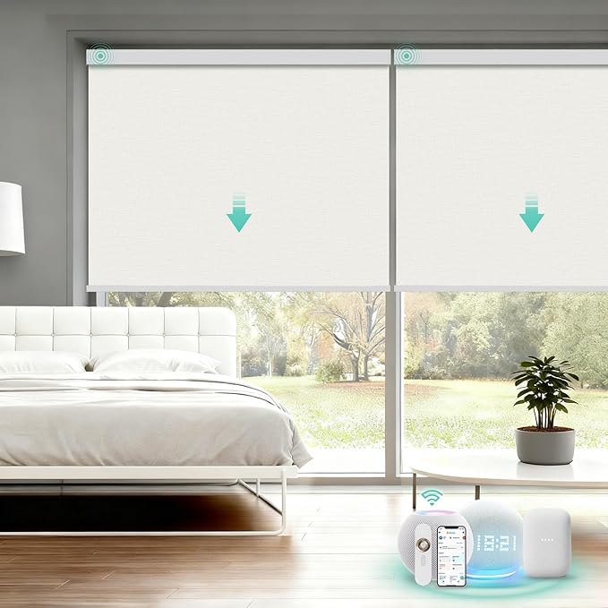 Motorized Blinds with Remote, Blackout Smart Automatic Electric Blinds for Windows Compatible with Alexa Homekit, Cordless Indoor Motorized Roller Shades with Custom Size（Cloud Linen）