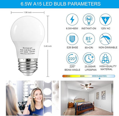 MorningLight 6 Pack A15 LED Bulbs 60W Equivalent, Non-Dimmable, Daylight 5000K, E26 Base, 6.5W 600 Lumens Bulb, A15 LED Light Bulbs for Ceiling Fan, Wall sconces, 25000+ Hours Lifespan