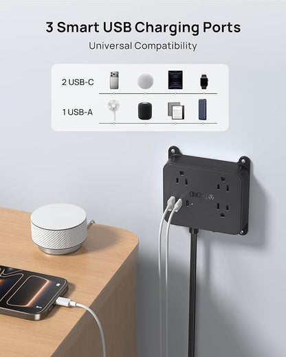 TROND Flat Plug Power Strip, 3FT Short Extension Cord with 3 AC Outlets, Wall Mount Charging Station with 2 USB-C & 1 USB-A, in Cabinet Power Outlet, Attach Behind TV or Under Desk Vanity Counter