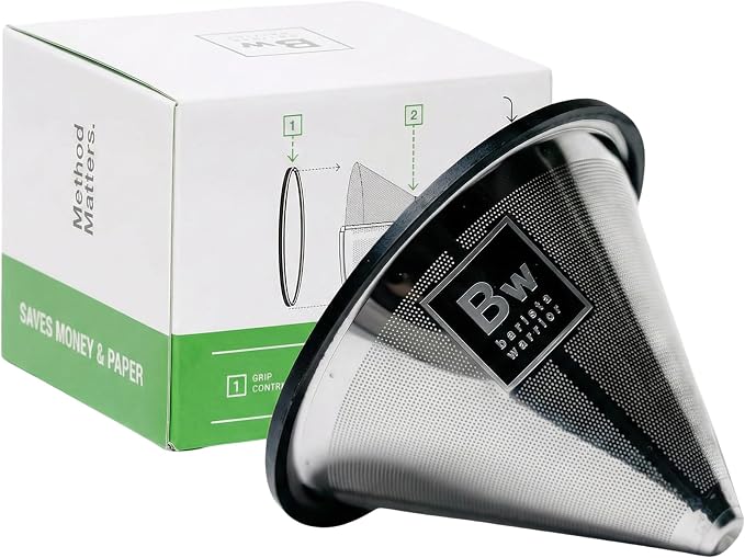 Barista Warrior Reusable Coffee Filter - Stainless Steel Pour Over Dripper, Compatible for Chemex, Hario V60 & Drippers, Easy to Clean Flavorful Brew Fine Mesh Coffee Filter - Silver