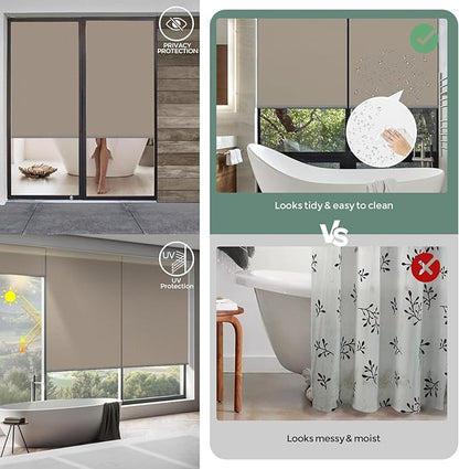 Yoolax Motorized Shower Roller Shades for Bathroom with Remote Control, Automatic Heavy Duty Thick Fabric Shower Curtain Compatible with Alexa, Blackout Battery Solar Powered Blind Custom (Coffee)
