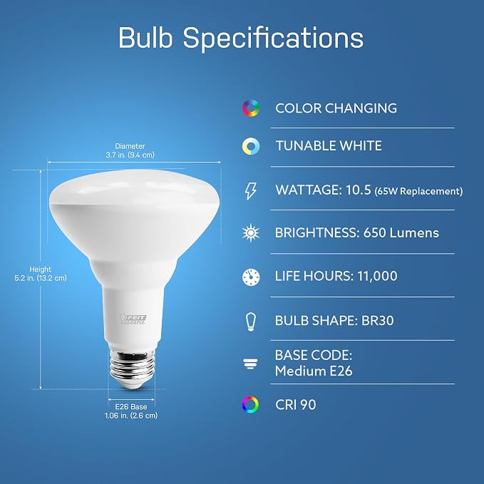 Feit Electric BR30 Smart Flood Light Bulb,2.4GHz WiFi Color Changing and Dimmable, No Hub, Compatible with Alexa or Google Assistant BR30 Smart LED Light Bulb, BR30/RGBW/CA/AG, 65W (Pack of 2)