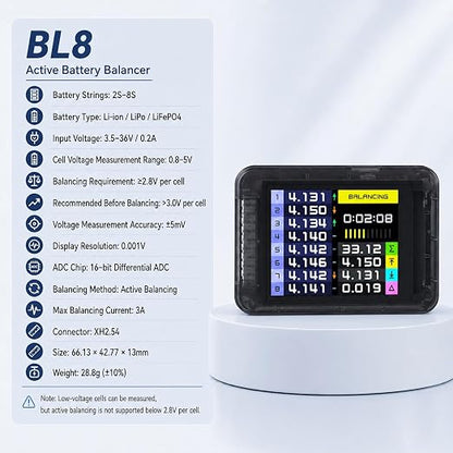 ISDT Lipo Active Balancer with Voltage Display for 2s to 8s RC Batteries, 3A Fast Balancing, Smart Battery Checker Tester Monitor for Lifepo4 Lithium LiPo - BL8
