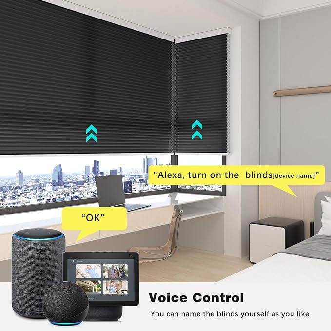 Changshade Motorized Cellular Shades Remote Control Light Filtering for Indoor Windows, Custom Size Smart Honeycomb Blinds Electric Automatic Solar Panel Compatible with Alexa, Google Home, Black