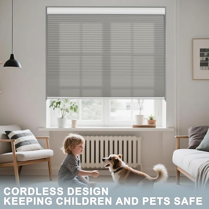 BERISSA Motorized Cellular Shades, Light Filtering Smart Honeycomb Blinds with Remote Control & Hub, Custom Room Darkening Automatic Cellular Window Blinds for Home Office, Living Room, Door,Gray